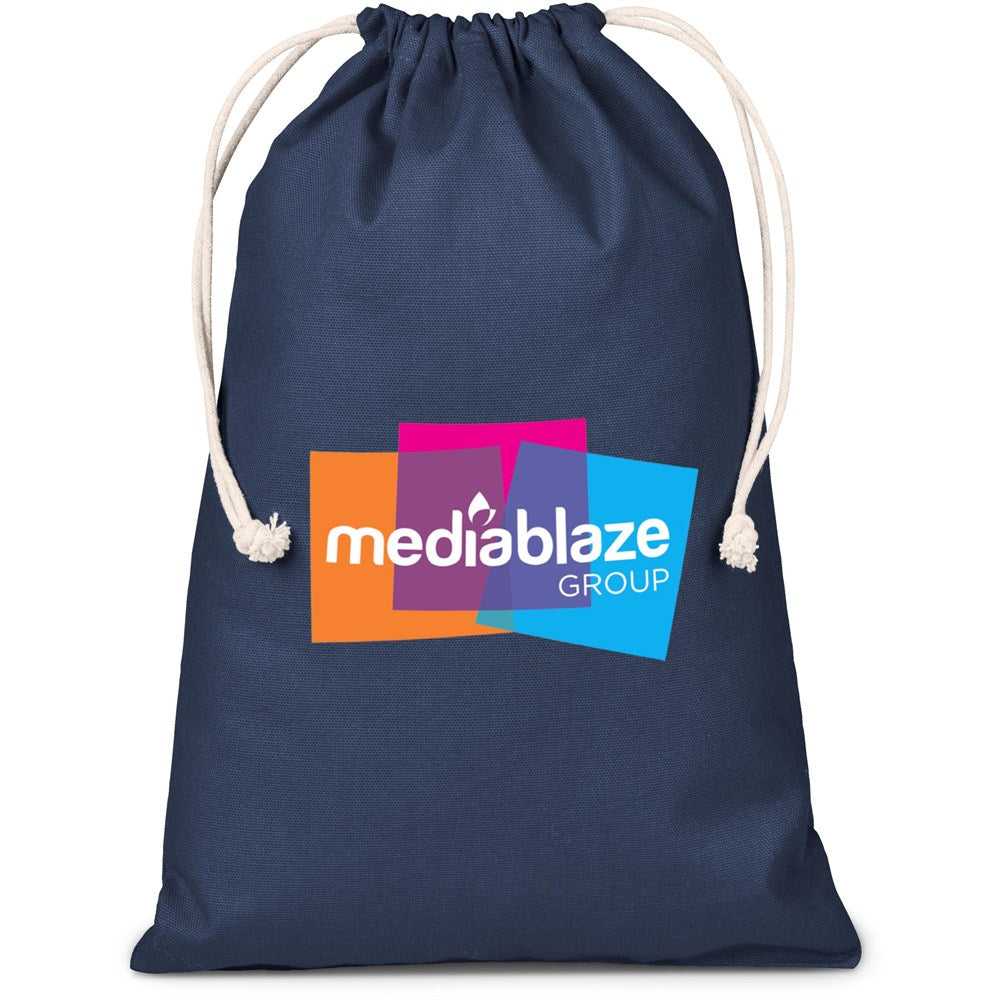 Printed cotton and polyester drawstring bags for promotions, available in bulk from South African manufacturers.
